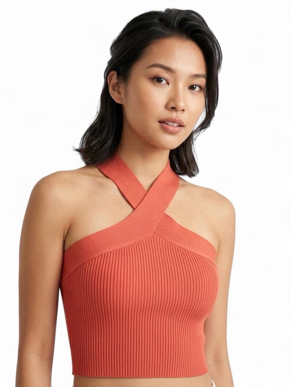 Aritzia Babaton Rust coral Cross Halter Ribbed Knit Crop Top Size XS